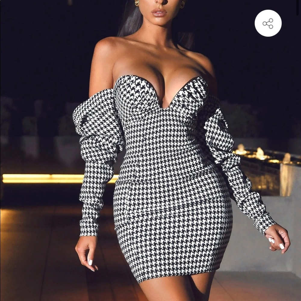 Puff Sleeve Off Shoulder Houndstooth Dress